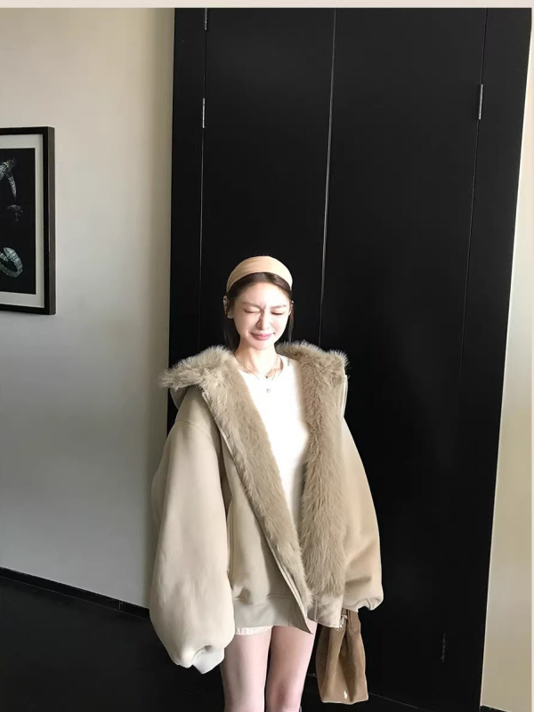 Palton din blană artificială, reversibil cu glugă, cald pentru femei