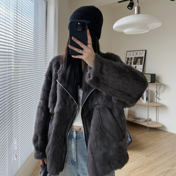 Ženski kratki parka od krzna zeca, obostrani, casual stil, dugi rukavi, jesen-zima 2025