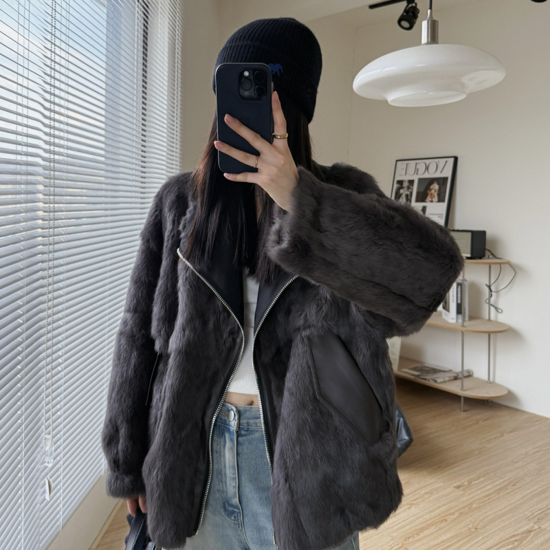 Ženski kratki parka od krzna zeca, obostrani, casual stil, dugi rukavi, jesen-zima 2025