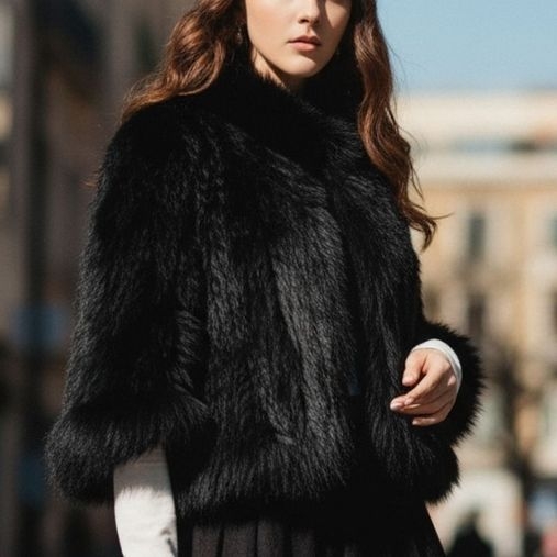 Pelerină din blană de vulpe, guler de blană, mâneci în stil bat, guler înalt (blană naturală)