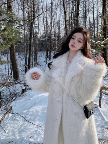 Palton lung din blană artificială pentru femei, mâneci raglan, guler stil sacou