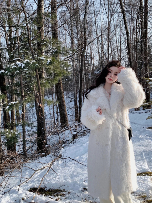 Palton lung din blană artificială pentru femei, mâneci raglan, guler stil sacou