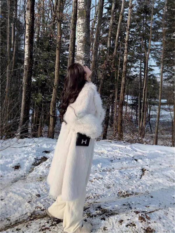 Palton lung din blană artificială pentru femei, mâneci raglan, guler stil sacou