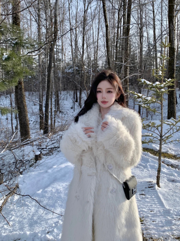 Palton lung din blană artificială pentru femei, mâneci raglan, guler stil sacou