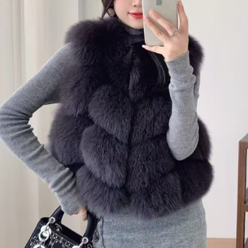 Ženska vesta od lisje krzna s plišastim materijalom, kratka, bez rukava, bez ovratnika, elegantan ženski komad