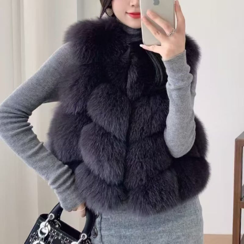 Ženska vesta od lisje krzna s plišastim materijalom, kratka, bez rukava, bez ovratnika, elegantan ženski komad
