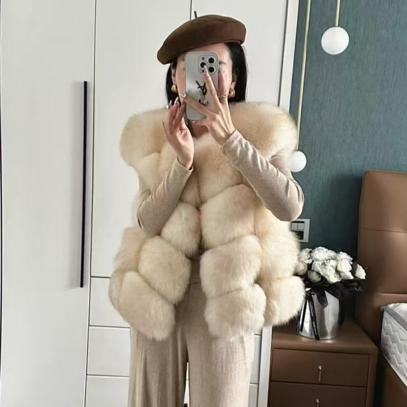 Ženska vesta od lisje krzna s plišastim materijalom, kratka, bez rukava, bez ovratnika, elegantan ženski komad