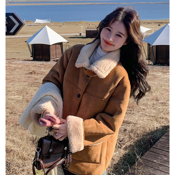 Sacou dama din poliester, stil coreean casual, croială lejeră, mâneci lungi, guler, închidere cu nasturi pe un rând, iarna 2025