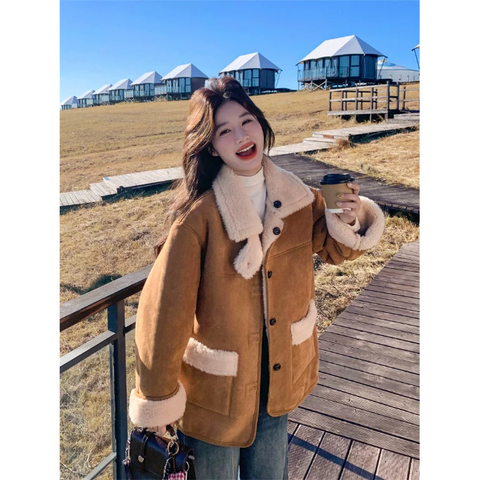 Sacou dama din poliester, stil coreean casual, croială lejeră, mâneci lungi, guler, închidere cu nasturi pe un rând, iarna 2025