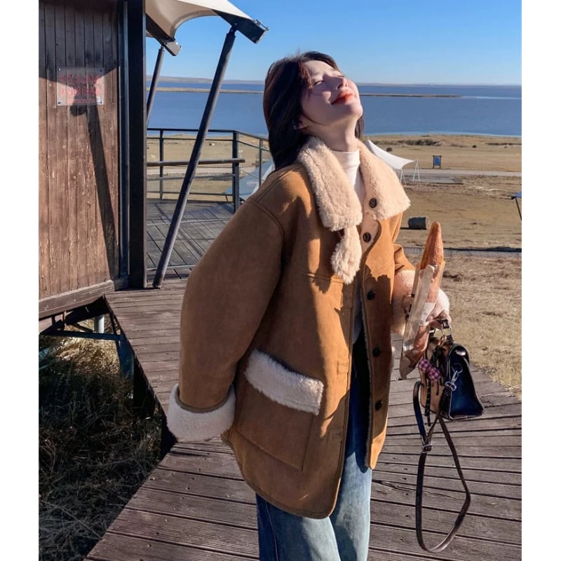 Sacou dama din poliester, stil coreean casual, croială lejeră, mâneci lungi, guler, închidere cu nasturi pe un rând, iarna 2025