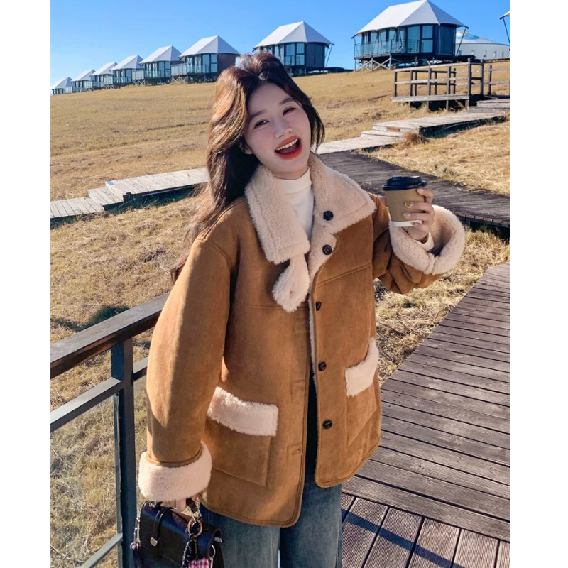 Sacou dama din poliester, stil coreean casual, croială lejeră, mâneci lungi, guler, închidere cu nasturi pe un rând, iarna 2025