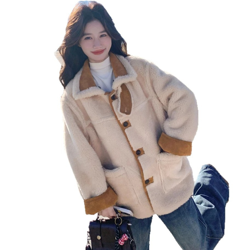 Sacou dama din poliester, stil coreean casual, croială lejeră, mâneci lungi, guler, închidere cu nasturi pe un rând, iarna 2025