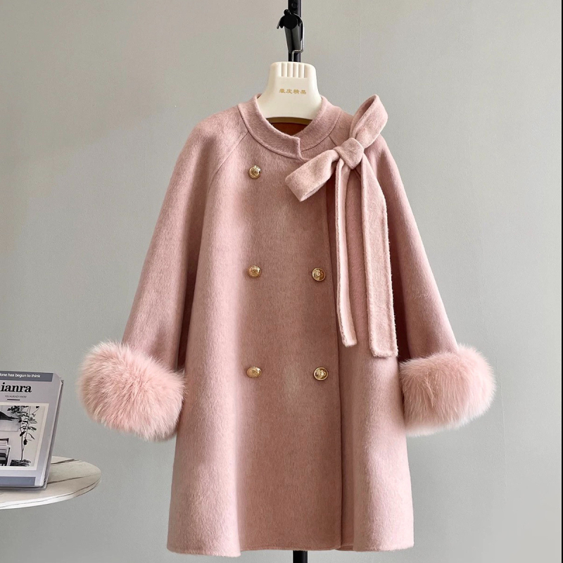 Palton de lână pentru femei, reversibil, model 3D, lungime medie 65–80 cm, închidere cu nasturi dubli