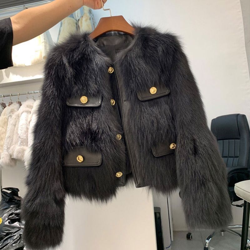 Ženski kratki kaput od umjetnog lisčinog krzna, Chanel inspiriran stil, jesen-zima 2025, topao i moderan