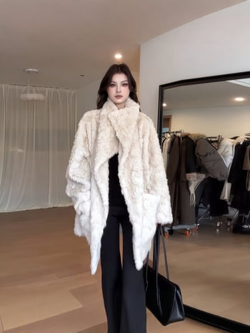 Palton din blană artificială cu rever, lungime medie, mâneci lungi, pentru femei, iarnă 2025