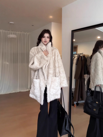 Palton din blană artificială cu rever, lungime medie, mâneci lungi, pentru femei, iarnă 2025
