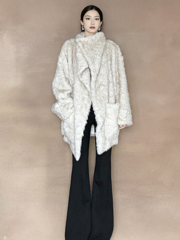 Palton din blană artificială cu rever, lungime medie, mâneci lungi, pentru femei, iarnă 2025