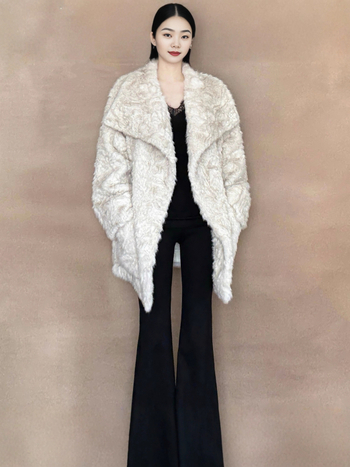 Palton din blană artificială cu rever, lungime medie, mâneci lungi, pentru femei, iarnă 2025