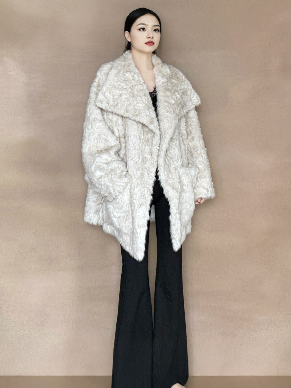 Palton din blană artificială cu rever, lungime medie, mâneci lungi, pentru femei, iarnă 2025