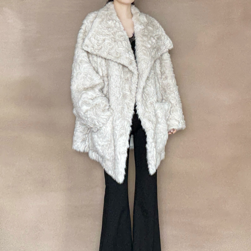 Palton din blană artificială cu rever, lungime medie, mâneci lungi, pentru femei, iarnă 2025