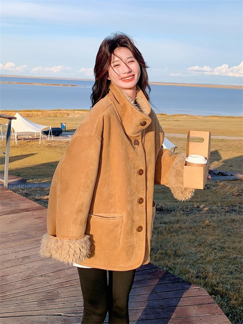 Γυναικείο παλτό από συνθετική γούνα με αρνόμαλλο, κορεατο-ιαπωνικό χαλαρό στυλ, μακριά μανίκια, γιακά με πέτο, γούνινη επένδυση στον γιακά