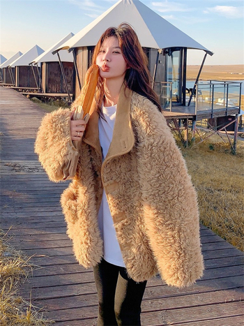 Γυναικείο παλτό από συνθετική γούνα με αρνόμαλλο, κορεατο-ιαπωνικό χαλαρό στυλ, μακριά μανίκια, γιακά με πέτο, γούνινη επένδυση στον γιακά