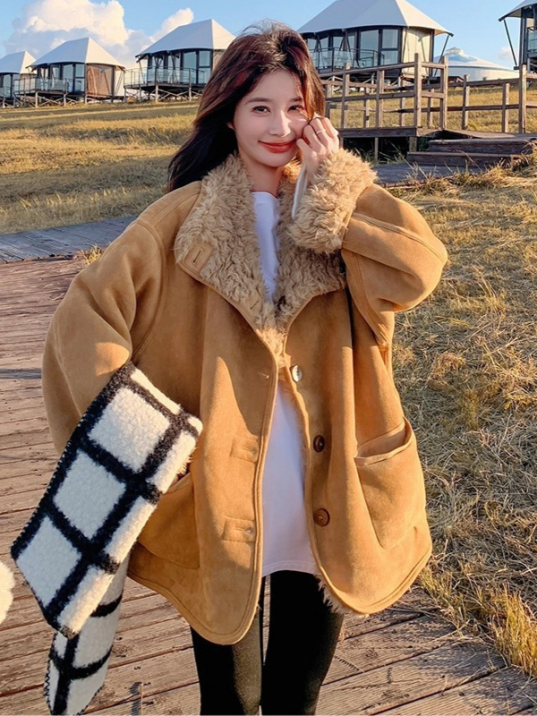Γυναικείο παλτό από συνθετική γούνα με αρνόμαλλο, κορεατο-ιαπωνικό χαλαρό στυλ, μακριά μανίκια, γιακά με πέτο, γούνινη επένδυση στον γιακά