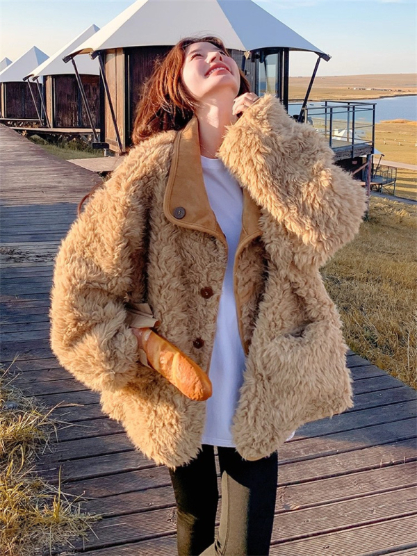 Γυναικείο παλτό από συνθετική γούνα με αρνόμαλλο, κορεατο-ιαπωνικό χαλαρό στυλ, μακριά μανίκια, γιακά με πέτο, γούνινη επένδυση στον γιακά
