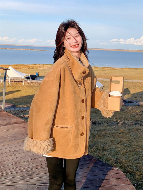 Γυναικείο παλτό από συνθετική γούνα με αρνόμαλλο, κορεατο-ιαπωνικό χαλαρό στυλ, μακριά μανίκια, γιακά με πέτο, γούνινη επένδυση στον γιακά