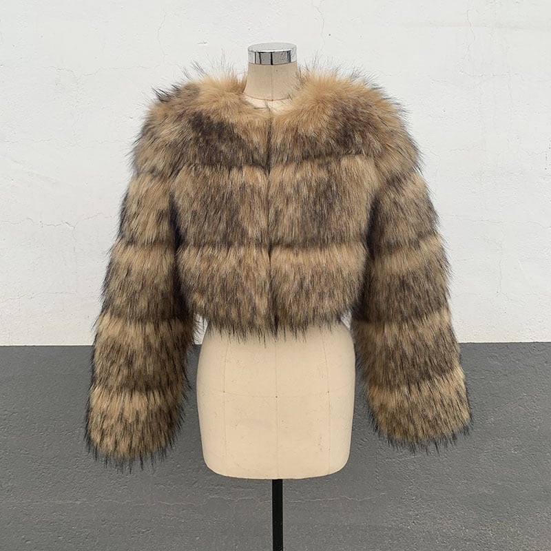 Ženski kaput od umjetnog krzna, kratka duljina, okrugli ovratnik, dugi rukavi, gradski stil