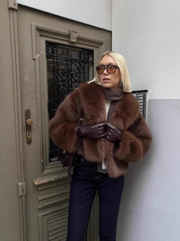 Jakna od umjetne krzna s kragnom, dugim rukavima, retro stil, za žene
