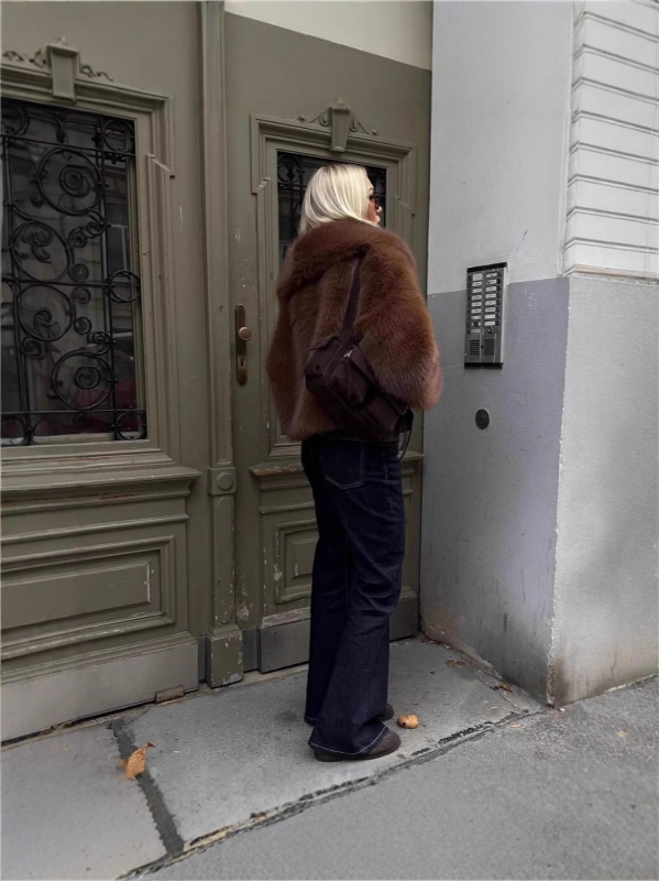 Jakna od umjetne krzna s kragnom, dugim rukavima, retro stil, za žene