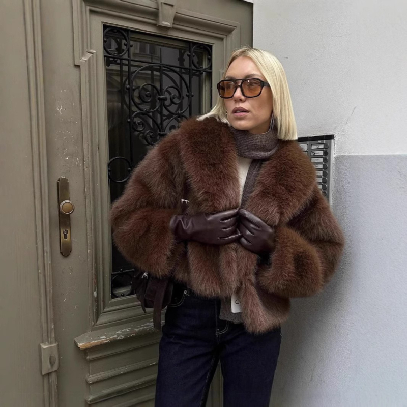 Jakna od umjetne krzna s kragnom, dugim rukavima, retro stil, za žene