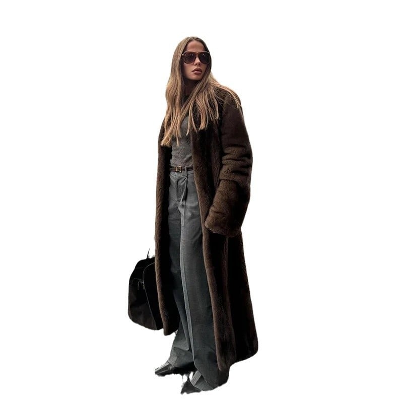 Palton din blană sintetică de vulpe pentru femei, lungime extinsă, decolteu în V, mâneci lungi, poliester 70-80%, lansare toamnă 2024