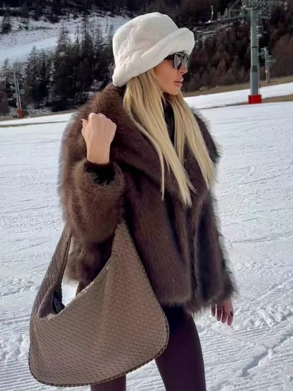 Palton din blană artificială, cu rever, mâneci lungi, pentru femei
