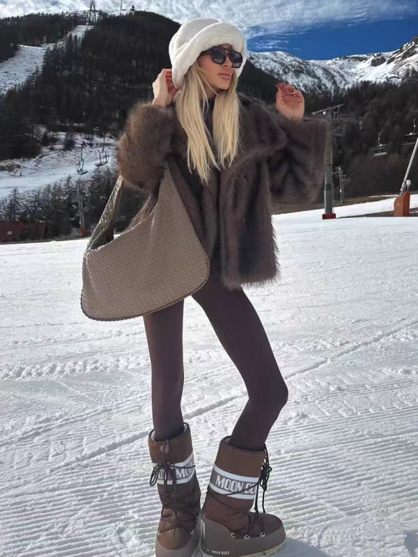 Palton din blană artificială, cu rever, mâneci lungi, pentru femei