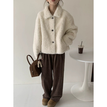 Kratka jakna od ovčje vune sa shearling presvlakom, četvrtasti ovratnik, dugi rukavi, casual korejski stil