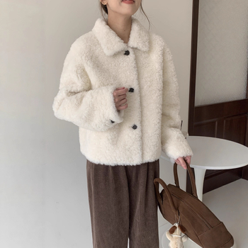 Kratka jakna od ovčje vune sa shearling presvlakom, četvrtasti ovratnik, dugi rukavi, casual korejski stil