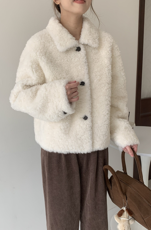 Kratka jakna od ovčje vune sa shearling presvlakom, četvrtasti ovratnik, dugi rukavi, casual korejski stil