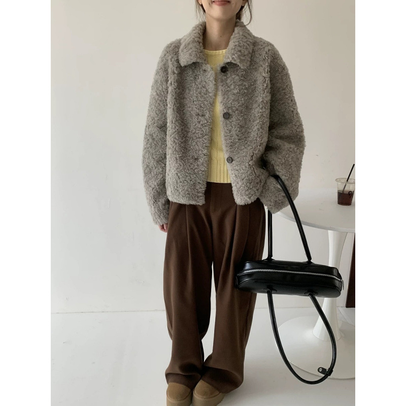 Kratka jakna od ovčje vune sa shearling presvlakom, četvrtasti ovratnik, dugi rukavi, casual korejski stil