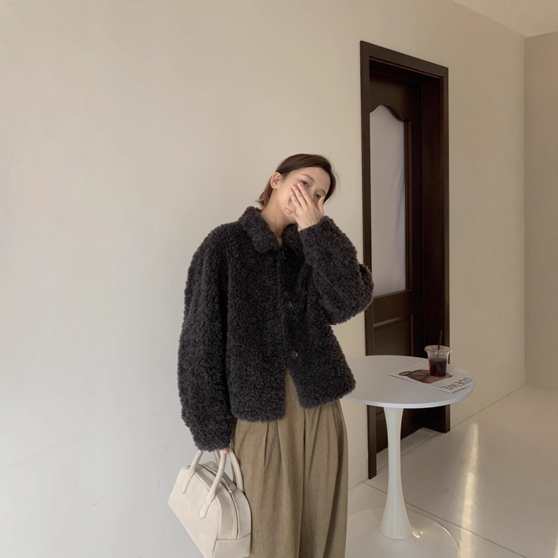 Kratka jakna od ovčje vune sa shearling presvlakom, četvrtasti ovratnik, dugi rukavi, casual korejski stil