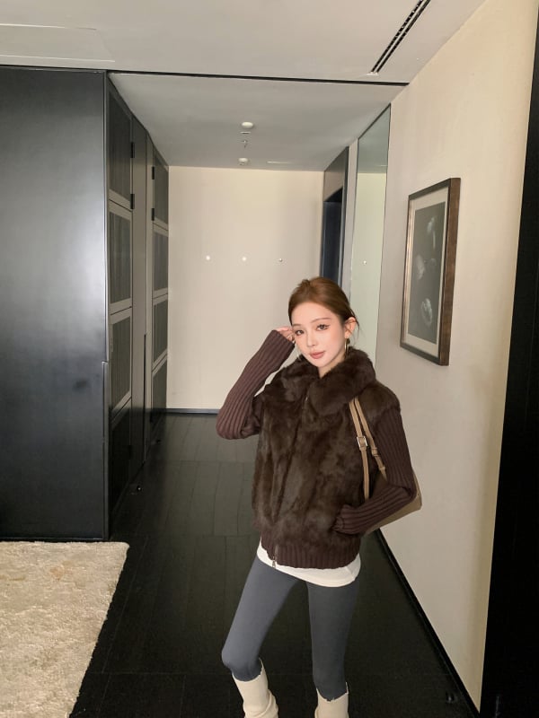 Palton din blană de iepure cu mâneci detașabile și vestă de blană, guler rever, 95%+ blană naturală de iepure, toamnă 2025