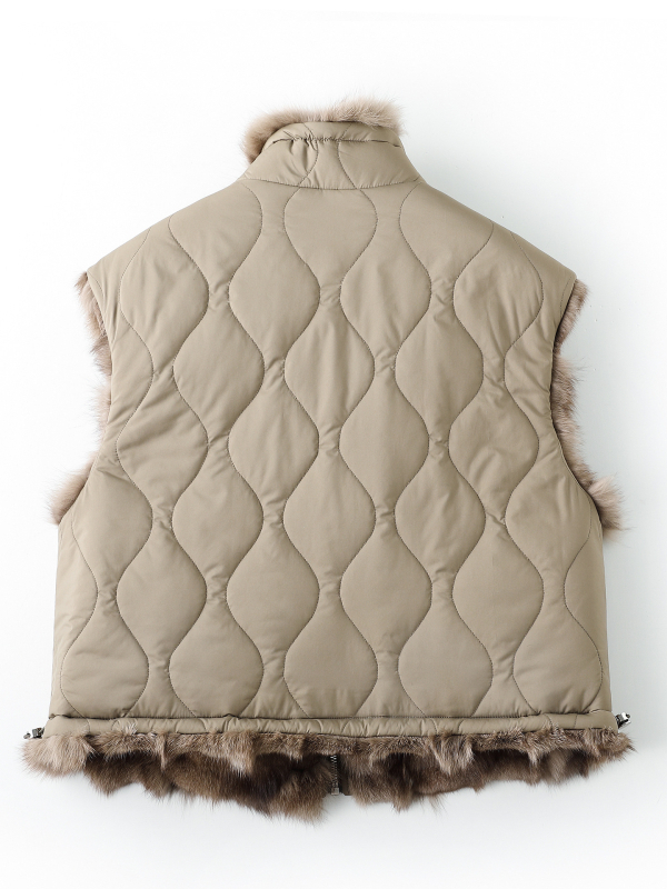 Vesta din blană de vulpe pentru femei - reversibilă, fără mâneci, guler înalt, lungime 50–65 cm