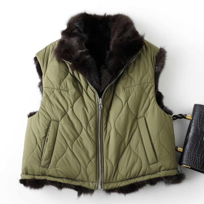 Vesta din blană de vulpe pentru femei - reversibilă, fără mâneci, guler înalt, lungime 50–65 cm