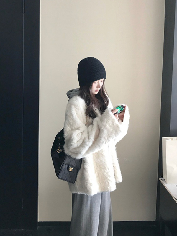 Παλτό από συνθετική γούνα, οικολογικό φλοράλ μοτίβ αλεπού, μεσαίου μήκους, χωρίς γιακά, χαλαρό στυλ Ιαπωνίας/Κορέας