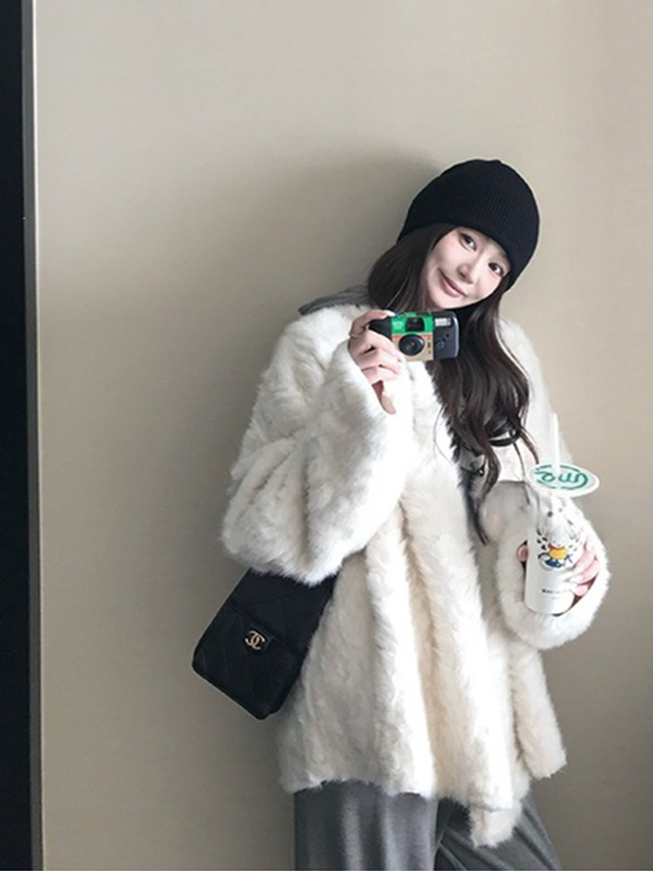 Παλτό από συνθετική γούνα, οικολογικό φλοράλ μοτίβ αλεπού, μεσαίου μήκους, χωρίς γιακά, χαλαρό στυλ Ιαπωνίας/Κορέας