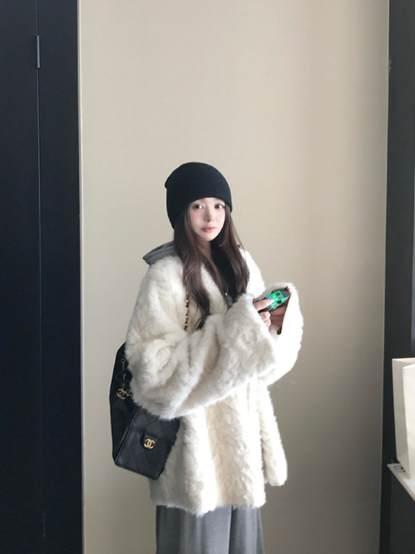 Παλτό από συνθετική γούνα, οικολογικό φλοράλ μοτίβ αλεπού, μεσαίου μήκους, χωρίς γιακά, χαλαρό στυλ Ιαπωνίας/Κορέας