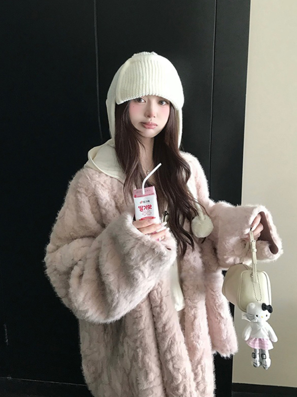 Παλτό από συνθετική γούνα, οικολογικό φλοράλ μοτίβ αλεπού, μεσαίου μήκους, χωρίς γιακά, χαλαρό στυλ Ιαπωνίας/Κορέας