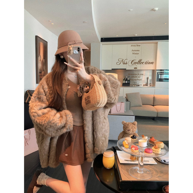 Παλτό από συνθετική γούνα, οικολογικό φλοράλ μοτίβ αλεπού, μεσαίου μήκους, χωρίς γιακά, χαλαρό στυλ Ιαπωνίας/Κορέας