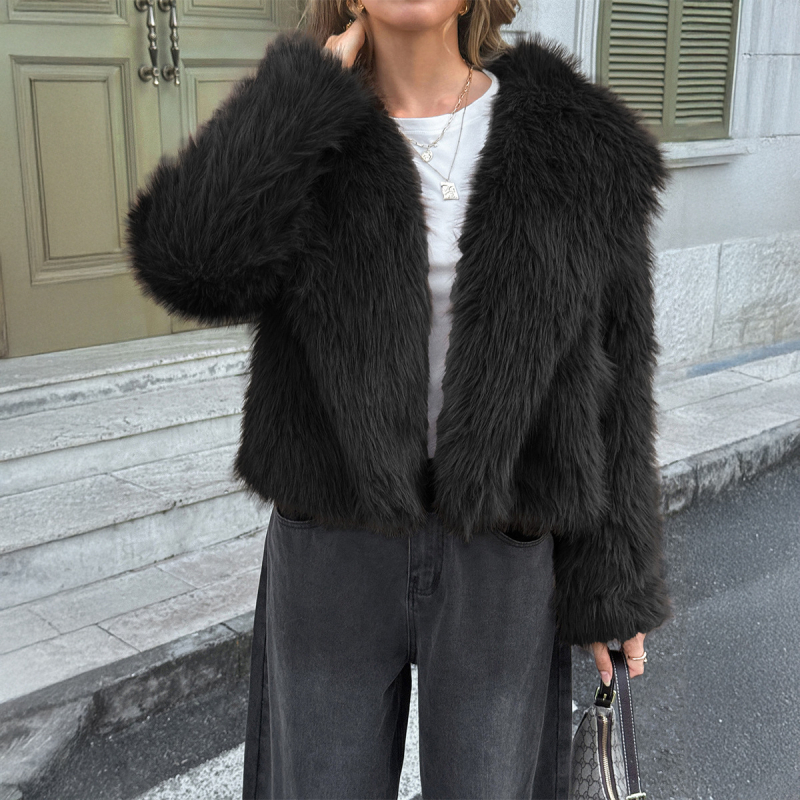 Дамско палто от полиестер 95%+, плюшена материя, гъста тъкан, свободен силует, дълги ръкави, без гладене